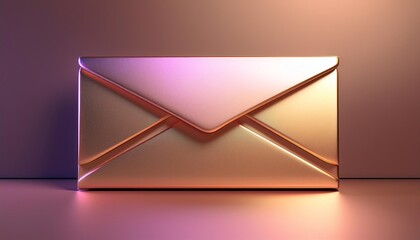 A sleek, metallic envelope with a glossy finish, illuminated by soft purple and pink lighting, creating a modern, elegant aesthetic.
