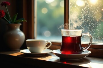 Fototapeta premium Dark tea in glass, condensation on window Retro breakfast setting , window, morning light