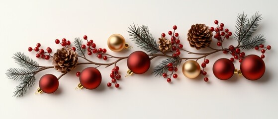 Festive Christmas Garland  Red   Gold Baubles  Pine Cones  Berries