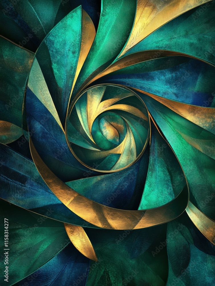 Poster Delicate pattern of beautifully overlapping peacock feathers with vibrant colors and a unique spiral design for creative use. Generative AI
