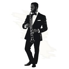 Naklejka premium Stylish Black and White Illustration of a Man in a Tuxedo Playing a Clarinet.