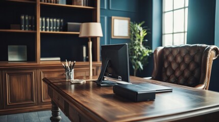 Fototapeta premium The director's office features a PC, a leather couch, and a wide oak table. Interior design 