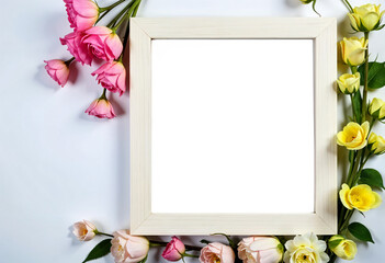 White photo frame made of pink and beige roses, green leaves, branches on white background, flat lay, top view, Valentine's day background.