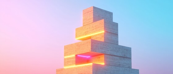 Minimalist Architecture  Neon Lit Stone Blocks at Sunset