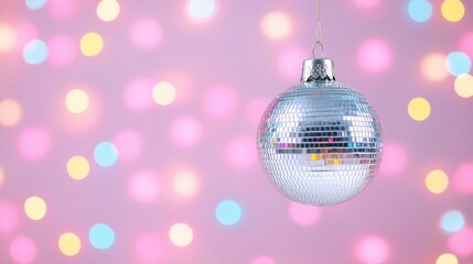 Fototapeta premium Disco Ball Glamour: A shimmering disco ball hangs against a backdrop of colorful, blurred lights, evoking a vibrant and festive atmosphere. Perfect for adding a touch of retro chic to your designs.