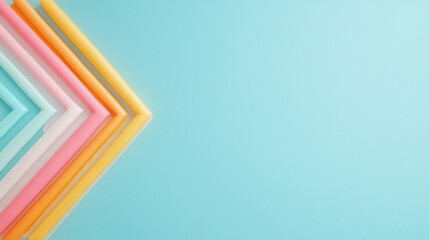 Obraz premium Chevron-shaped layers in soft pastel tones, including pink, yellow, and aqua, arranged against a clean light blue background. Ideal for abstract design, modern art, or creative project inspiration. 