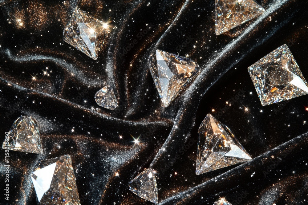 Leinwandbilder large sparkling diamonds arranged on a dark fabric surface with plenty of copy space for text or des