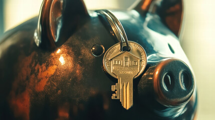 Close up of piggy bank with house key, symbolizing savings and financial security. shiny surface reflects light, enhancing image appeal and warmth