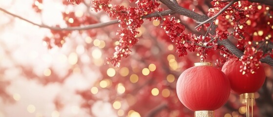Fototapeta premium Chinese New Year Theme, A tree with red leaves and red lanterns hanging from it