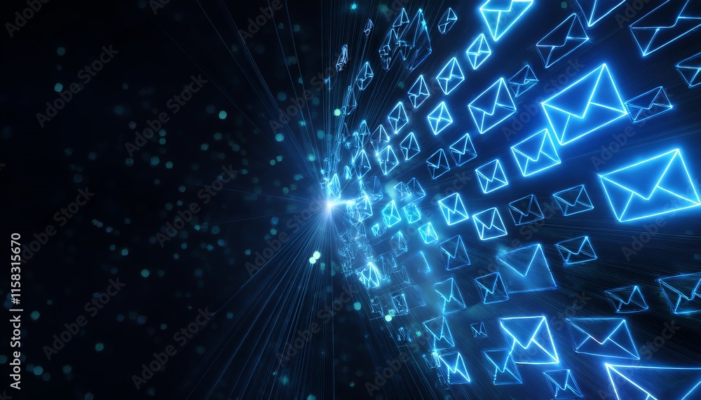 Poster a dynamic visualization of glowing blue email icons, representing digital communication and data flo