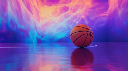 Obraz premium A basketball in motion over a glowing court under vibrant lighting
