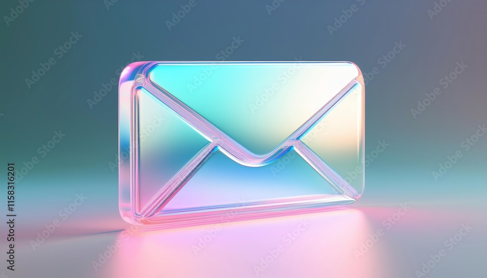 Poster a glossy, iridescent email icon floating against a soft gradient background, symbolizing digital com