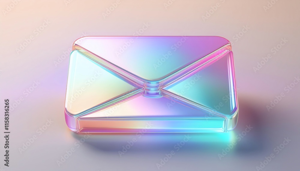 Poster a colorful, holographic envelope sits on a smooth surface, reflecting light and creating a vibrant v