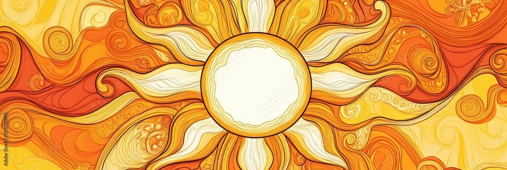 Poster bright sun doodle with pancake like rays surrounded by warm colors and swirling patterns creates a c