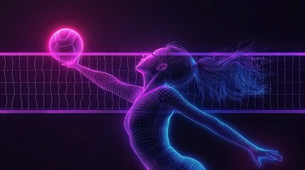Futuristic Silhouette of Female Volleyball Player in Neon Colors