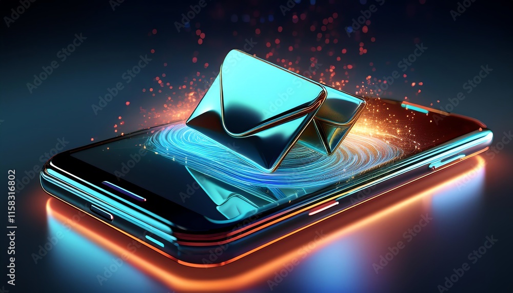 Poster a glowing smartphone displays a floating email envelope, symbolizing digital communication and techn