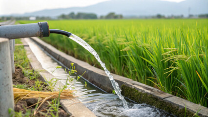 Naklejka premium Irrigation system flowing water into lush green rice field, showcasing agricultural practices