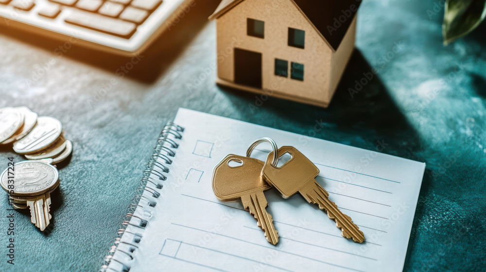 Poster keys and house shaped keychain on notepad with coins and keyboard, symbolizing home ownership and fi