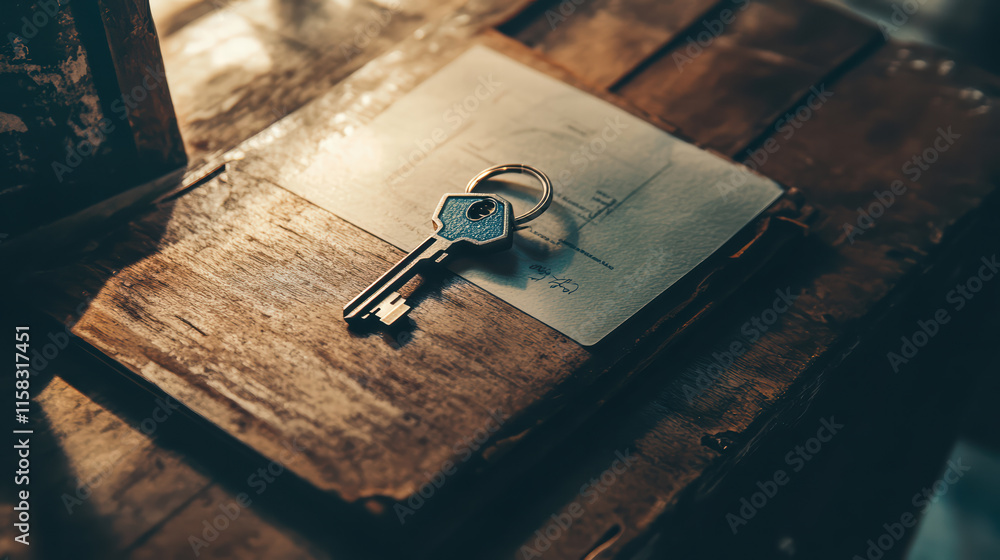 Poster close up of key resting on wooden surface with paper underneath, evoking sense of security and home.