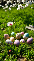 Pastel colored Easter eggs nestled in spring grass under blossoming cherry tree