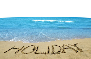 Holiday written on sandy beach isolated on transparent PNG background.