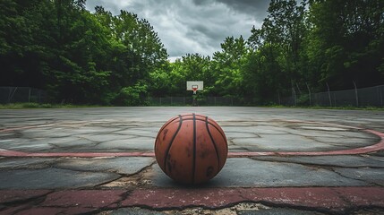 Rustic outdoor court with a basketball on cracked concrete under an overcast sky