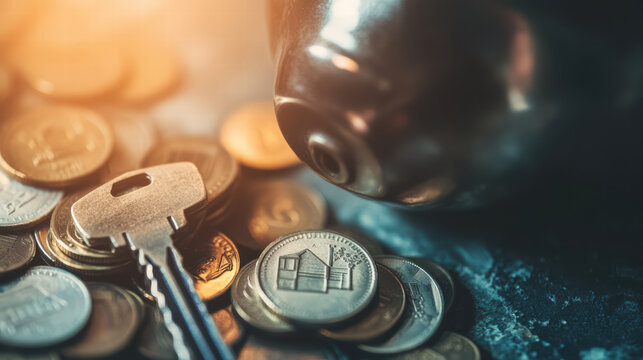Close up of coins scattered around piggy bank and house key, symbolizing savings and financial security. warm light adds sense of hope and prosperity