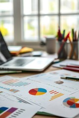 A desk with colorful graphs and charts also office supplies like pens, paperwork, laptops