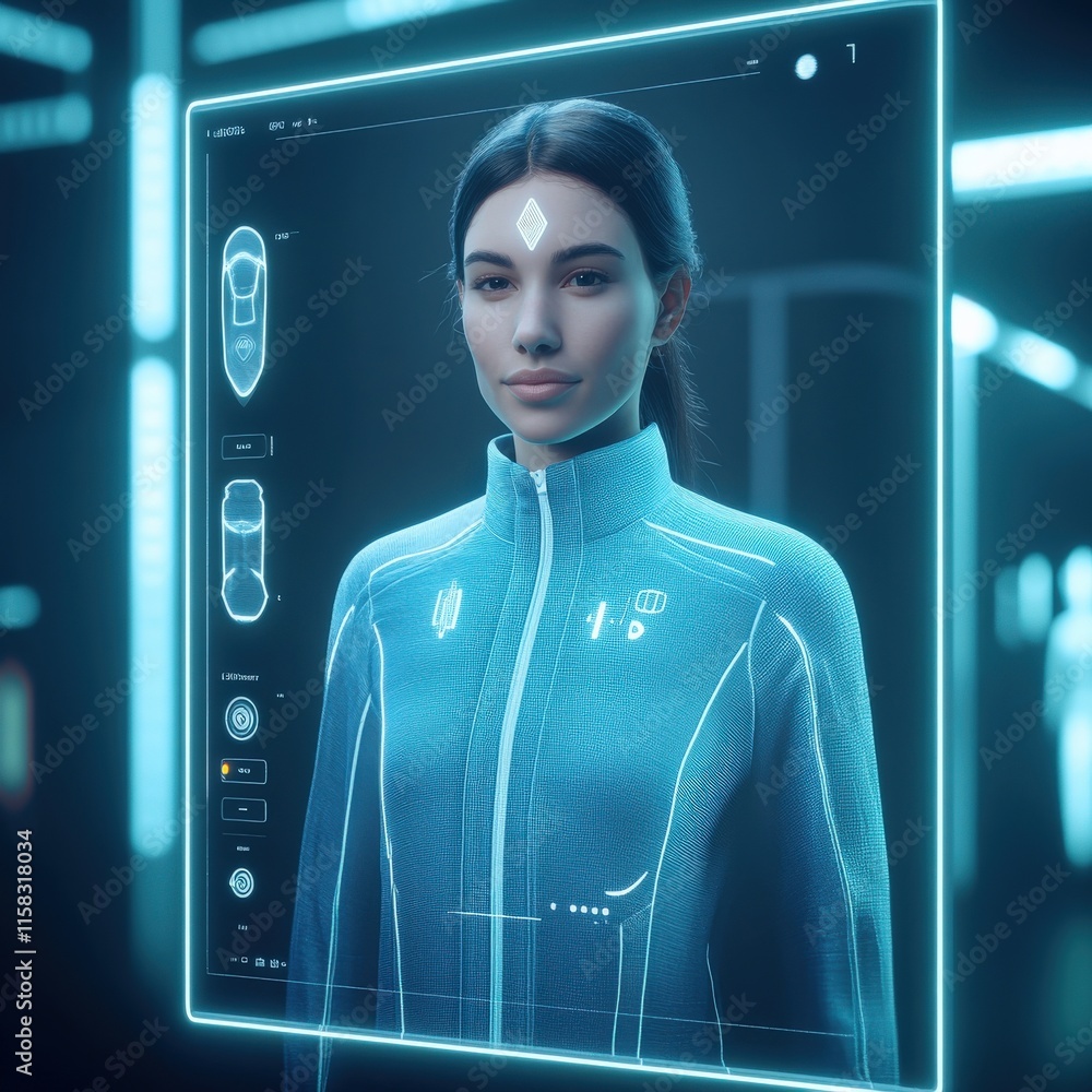 Aufkleber futuristic portrait of a woman with high-tech appearance and holographic interface in a sci-fi envir
