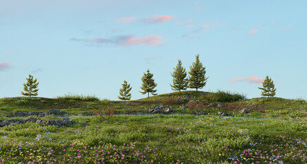 Tranquil Stream in Lush Meadow with Pine Trees. 3D rendering.