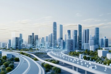 Futuristic Urban Landscape with Modern Skyscrapers and Advanced Technology Features in a City Skyline Under Clear Blue Sky and Greenery Surrounding Roads