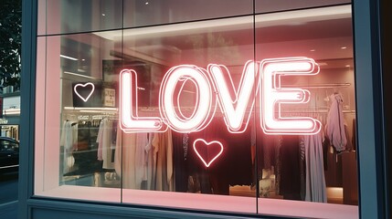 Urban Boutique Window with Large Neon 'LOVE' Sign and Heart-Shaped Outlines, Illuminated in Soft Pink Light