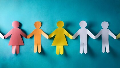 Abstract representation of community and inclusivity through colorful paper figures connected against a bright blue backdrop