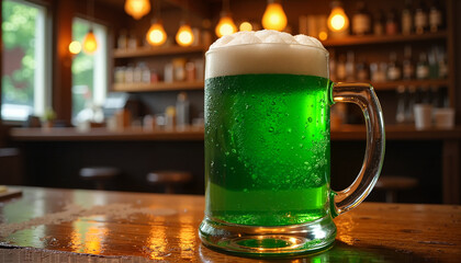 Vibrant Green Beer in Traditional Glass Mug on Wooden Bar Counter with Ambient Pub Background
