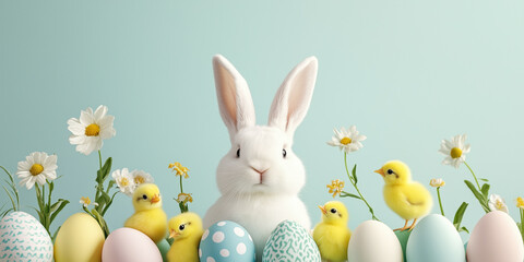 Easter celebration with fluffy rabbits, vibrant flowers, pastel colors, and joyful spring vibes."banner web design flyer