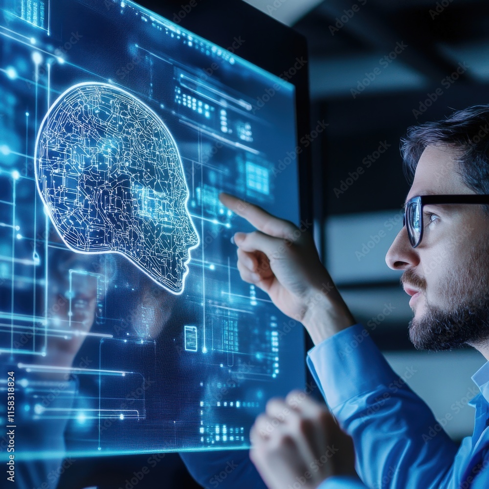 Aufkleber person interacting with digital brain impacting artificial intelligence and cognitive technology inn