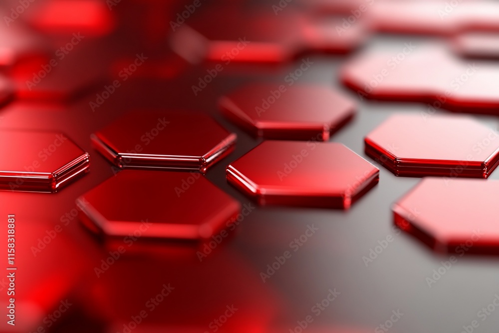 Poster A close-up of glossy red hexagonal tiles in a patterned arrangement.