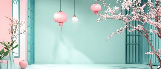 Chinese New Year Theme, A room with a pink wall and a tree in the background