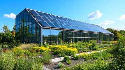 Obraz premium Modern greenhouse with solar panels and vibrant green roof.
