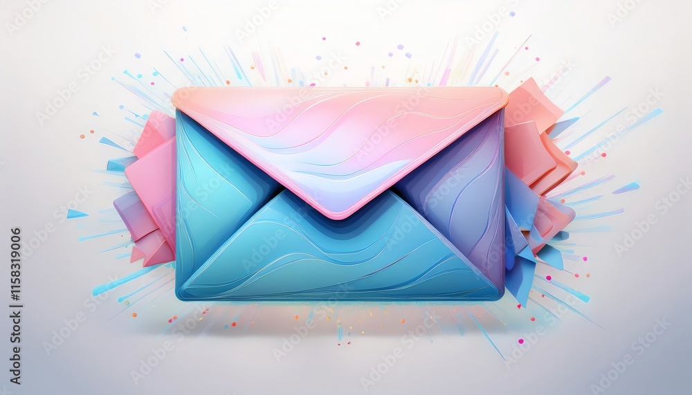 Poster a colorful envelope design with a gradient of pink and blue, surrounded by splashes of color, symbol
