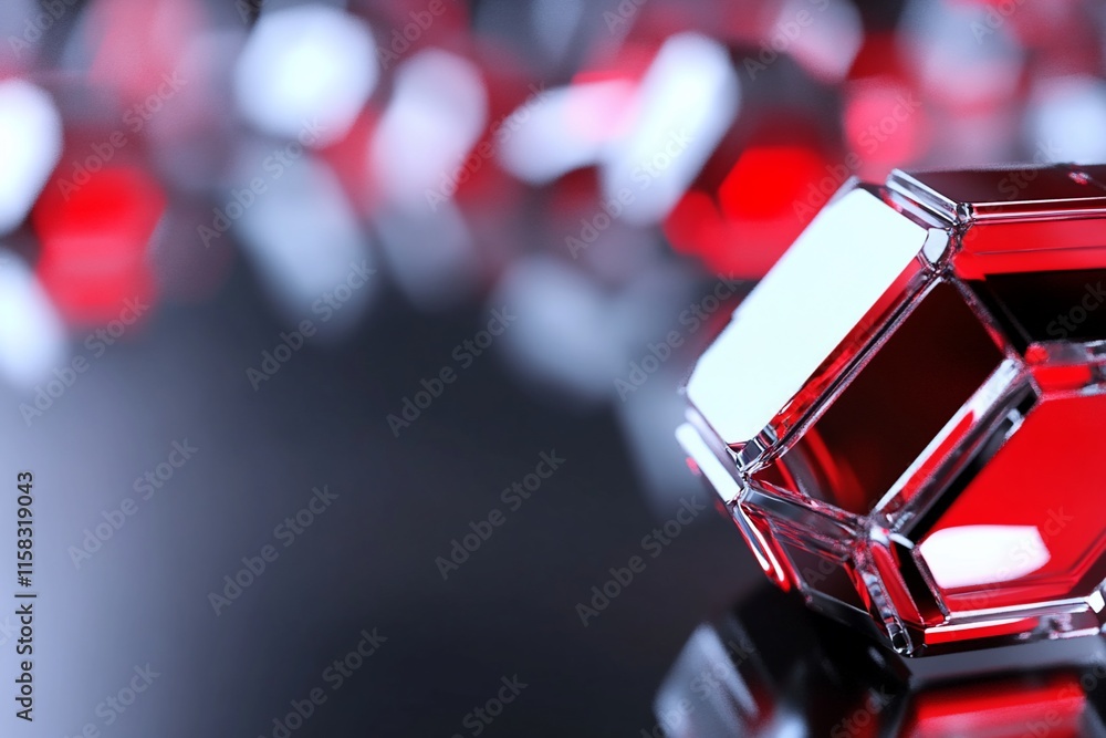Poster close-up of red crystal-like objects on a reflective surface.