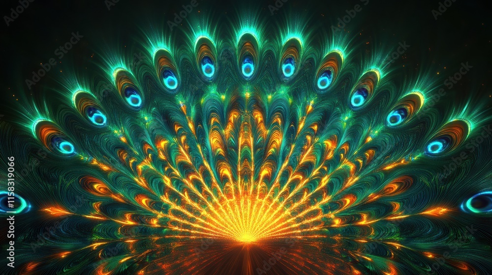 Leinwandbilder vibrant display of peacock tail feathers with glowing colors in stunning fan shape and empty space f