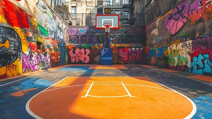 Vibrant outdoor court with colorful graffiti and a basketball near the center circle