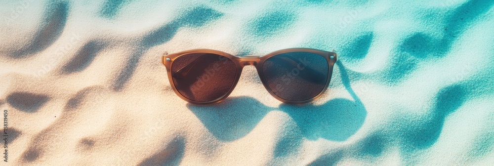 Poster relaxing day at the beach with stylish sunglasses on soft sandy surface ready for summer fun. genera