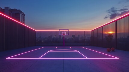 Rooftop basketball court with neon lights and a basketball placed near the three-point arc