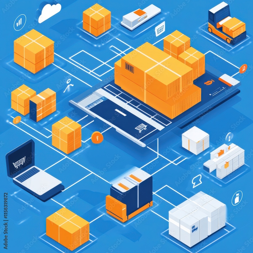 Poster modern logistics and supply chain management concept with iconic symbols representing efficient deli