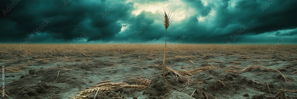 Poster Barren field with a single withered wheat stalk under dark clouds at twilight. Generative AI