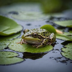 A baby frog sitting on a lily pad.