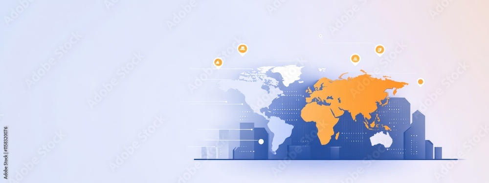Poster world map with global connections highlighting key locations in a modern digital style for business 