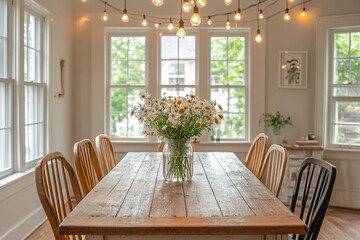Rustic Farmhouse Dining Room: A charming farmhouse dining room bathed in the warm glow of string lights. A rustic wooden table with weathered chairs is adorned with a vase of fresh daisies.